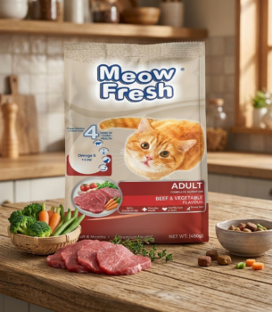 Meow Fresh Adult Beef & Vegetable Cat Food 450g for cats aged 6 months and above.
