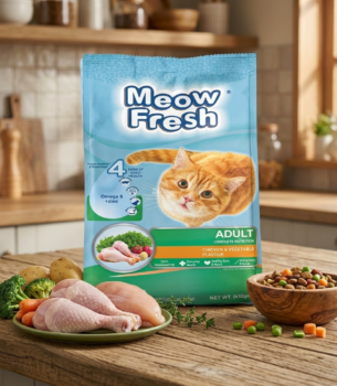 Meow Fresh Adult Chicken & Vegetable Cat Food 450g for cats aged 6 months and above.