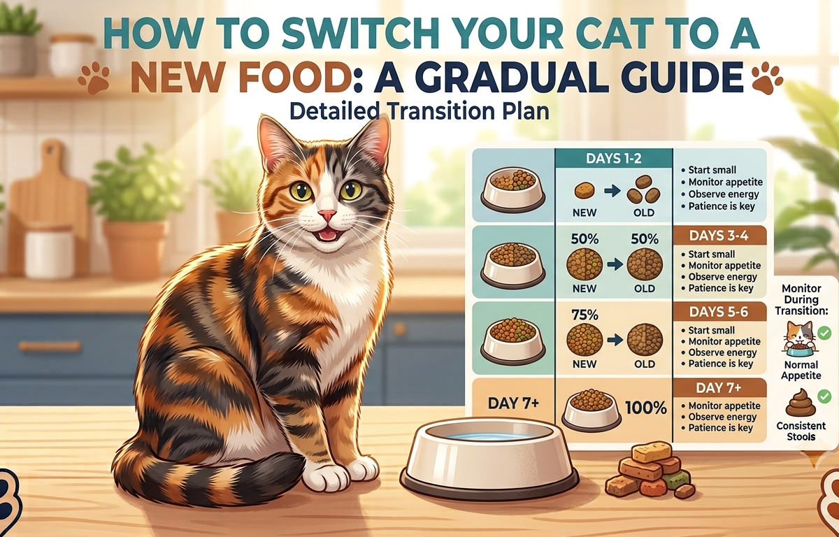 Cat eating a mix of old and new food during a gradual diet transition.