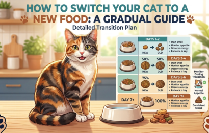 Cat eating a mix of old and new food during a gradual diet transition.
